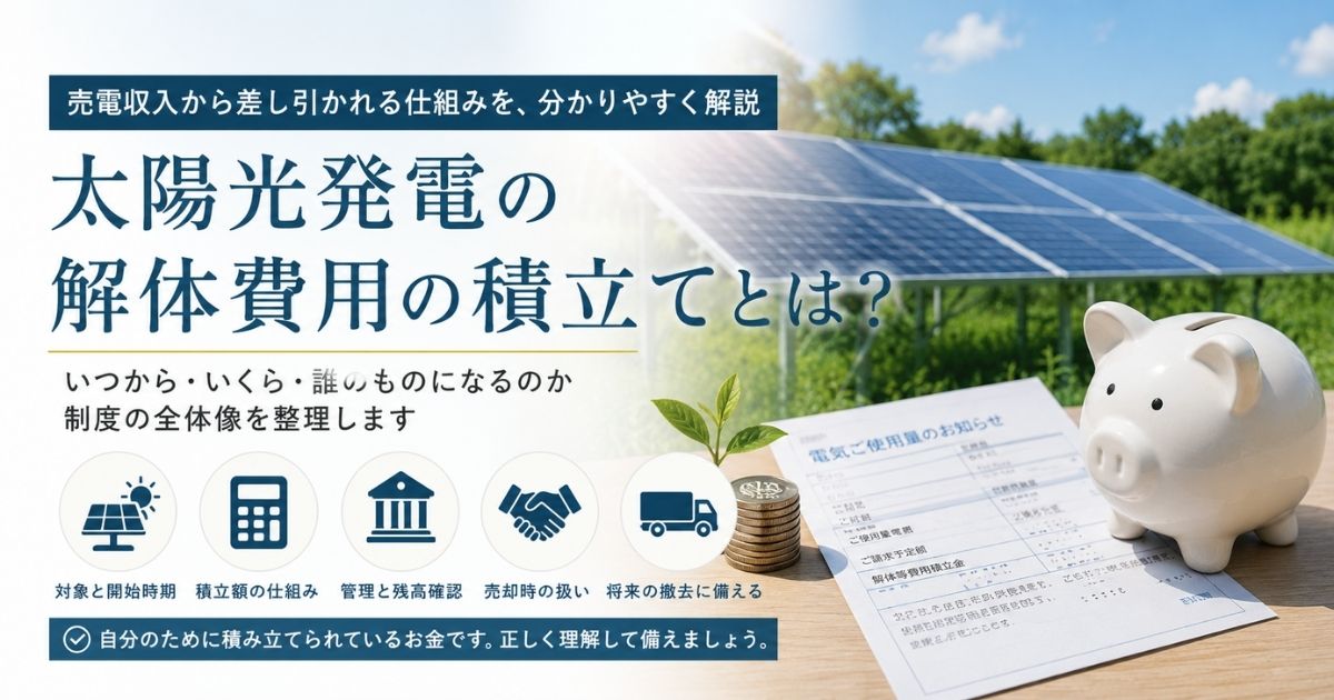 太陽光パネルを背景に置かれた貯金箱と硬貨、解体費用積立金が記載された売電明細