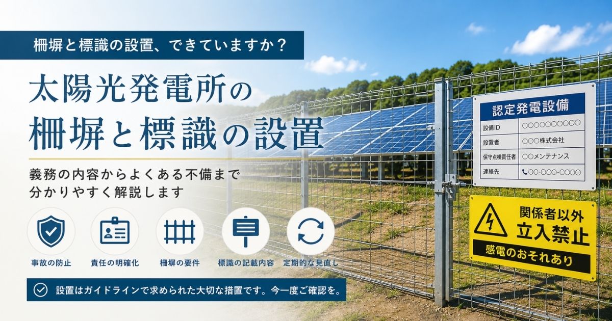 太陽光発電所を囲う金網の柵塀と、認定発電設備の標識・立入禁止の注意看板