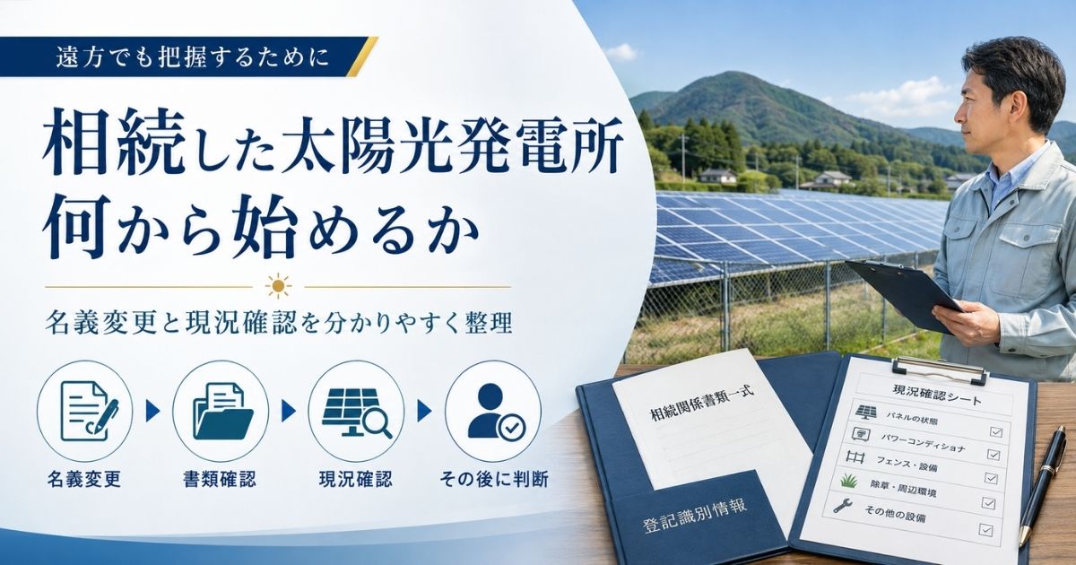 太陽光発電所を見る男性と、相続関係書類一式・現況確認シートを並べた机