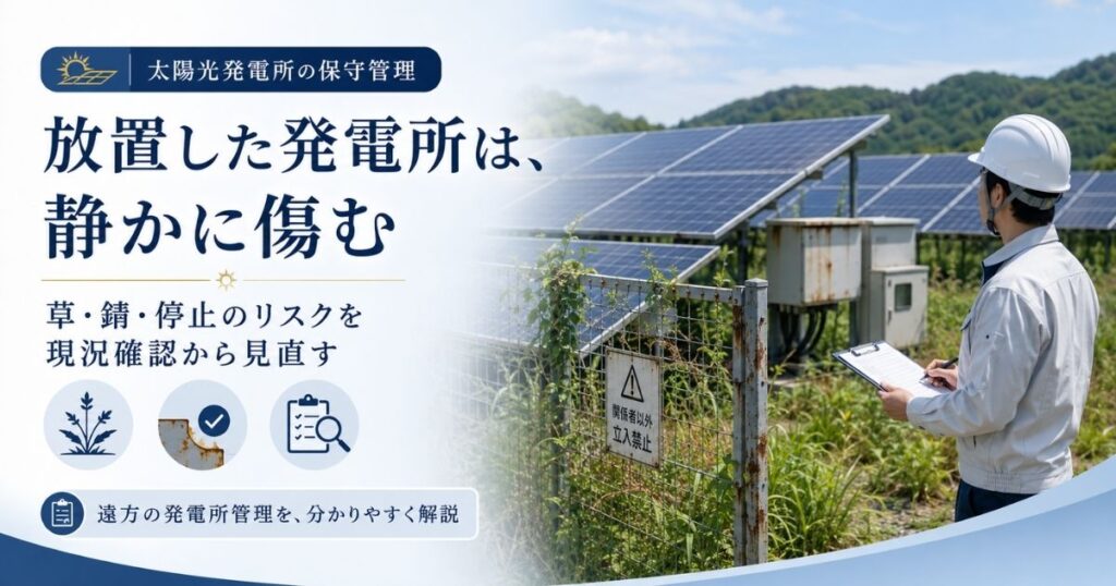 草が伸び金網フェンスが錆びた太陽光発電所で、現況を記録する作業員