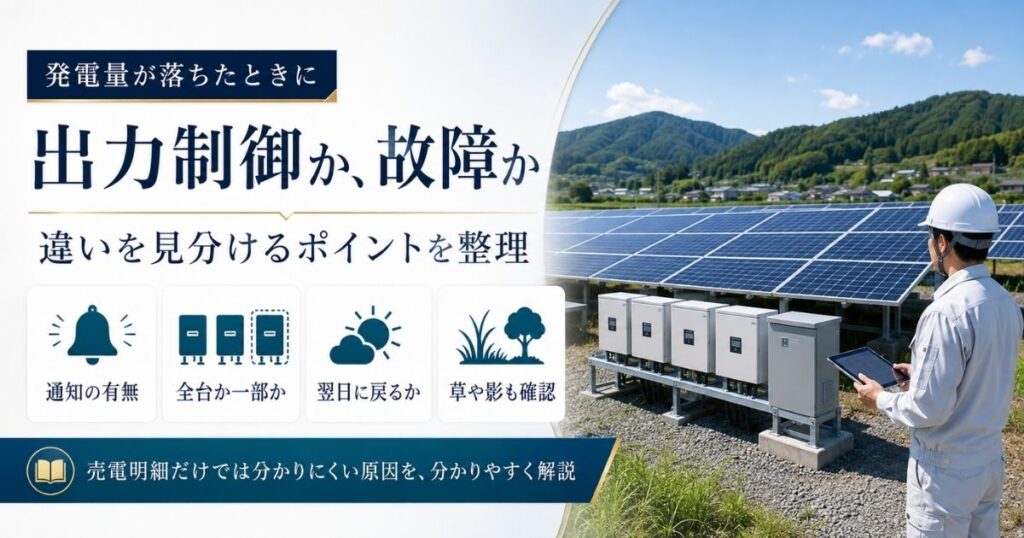 太陽光発電所に並ぶパワーコンディショナーと、タブレットで発電状況を確認する作業員