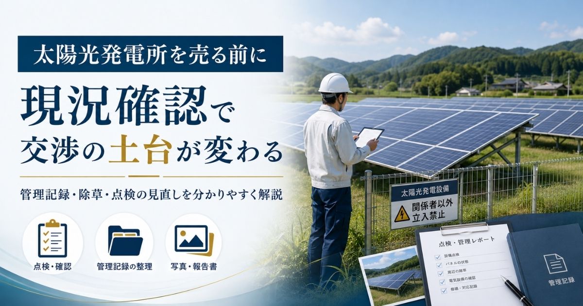 太陽光発電所でタブレットを使い現況を確認する作業員と、点検・管理レポートの書類