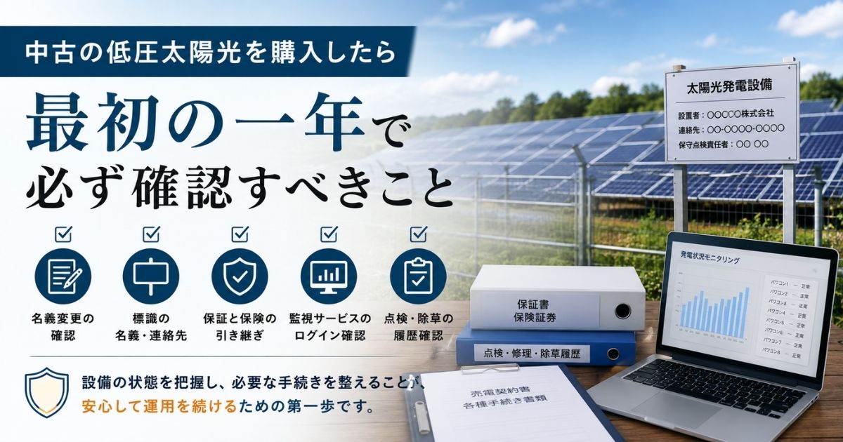 中古の低圧太陽光発電所と、保証書・点検履歴のファイル、発電状況を表示したノートパソコン