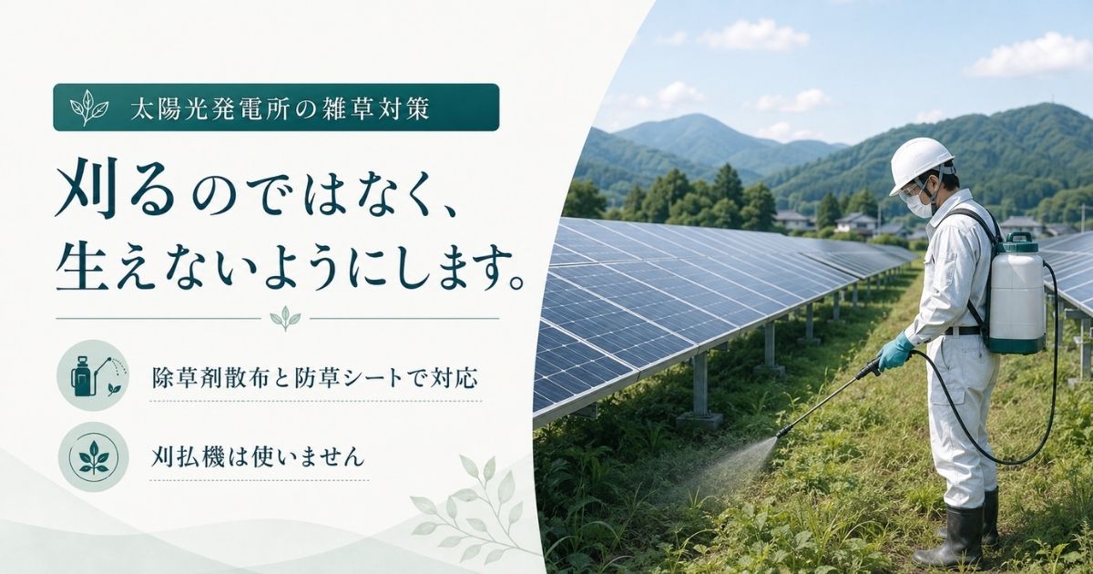 刈払機を使わず除草剤の散布と防草シートで対応する太陽光発電所の雑草対策