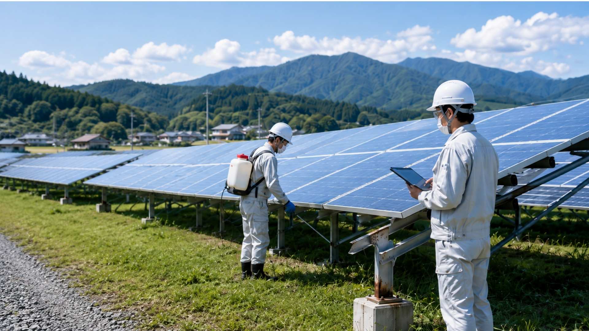 太陽光発電所で除草剤を散布し、設備を点検する作業者