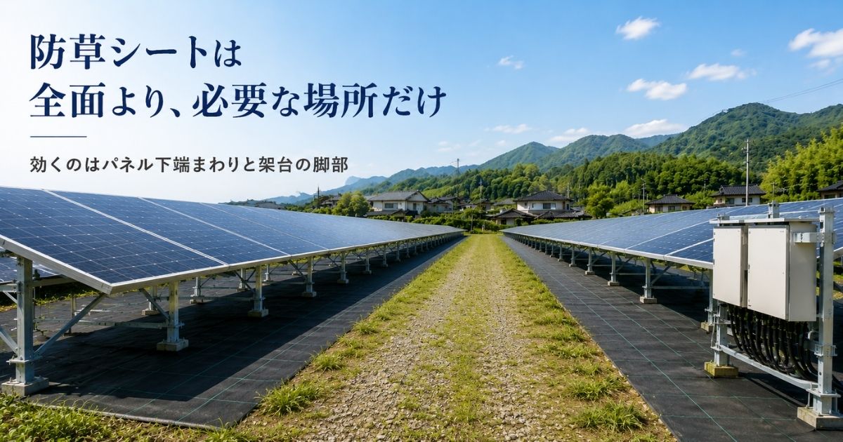 太陽光発電所の架台下に部分施工した防草シート