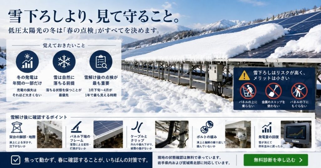 積雪した野立て太陽光発電所と雪解け後の点検ポイント