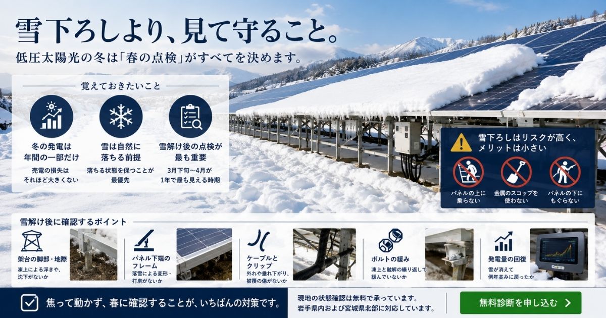 積雪した野立て太陽光発電所と雪解け後の点検ポイント