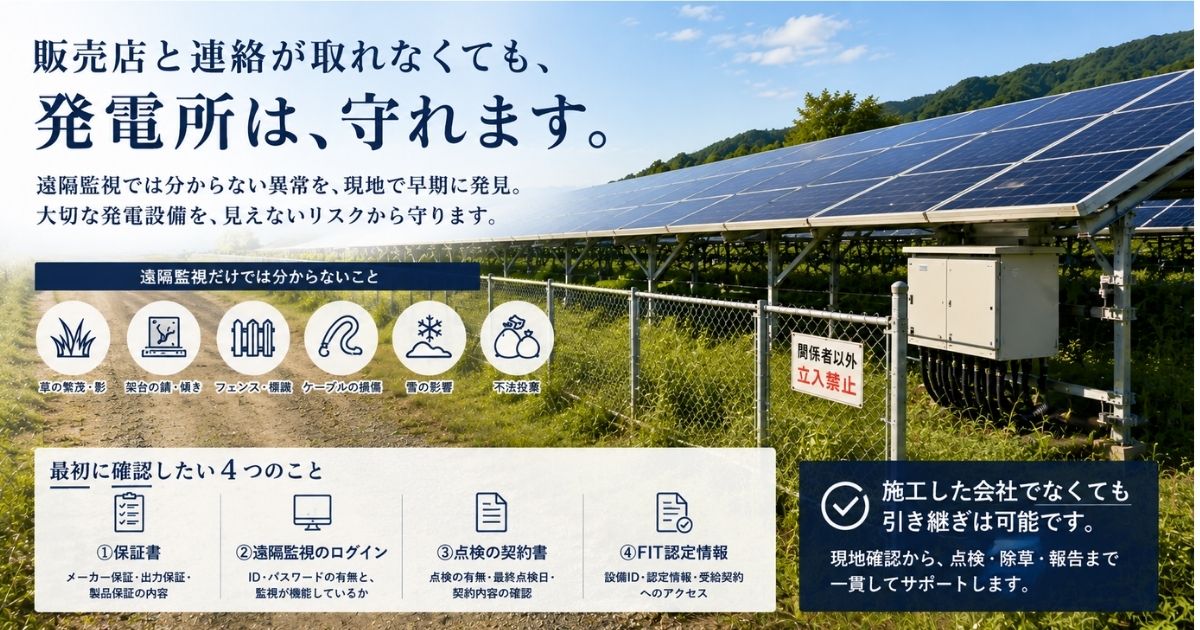 フェンスに囲まれた野立て太陽光発電所とパワーコンディショナ