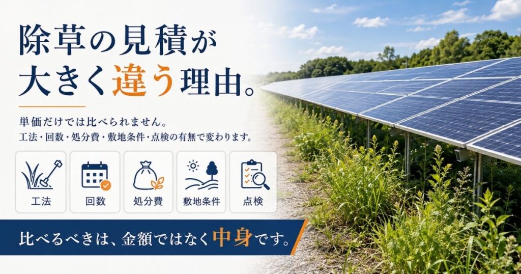 雑草が伸びた太陽光発電所の敷地とパネル