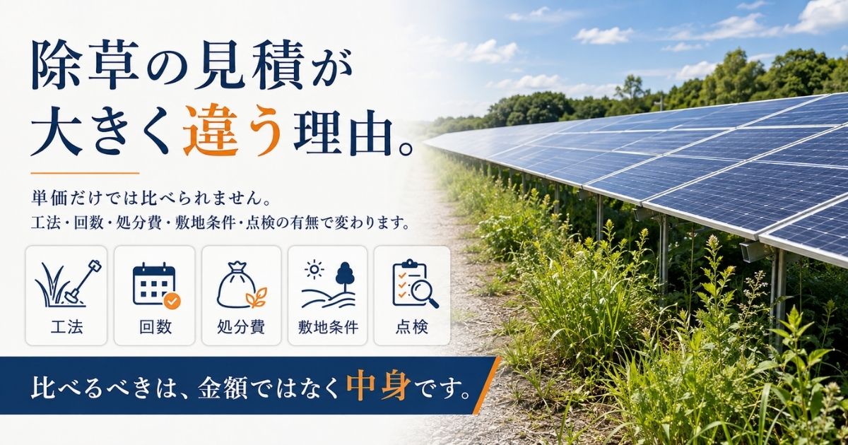 雑草が伸びた太陽光発電所の敷地とパネル