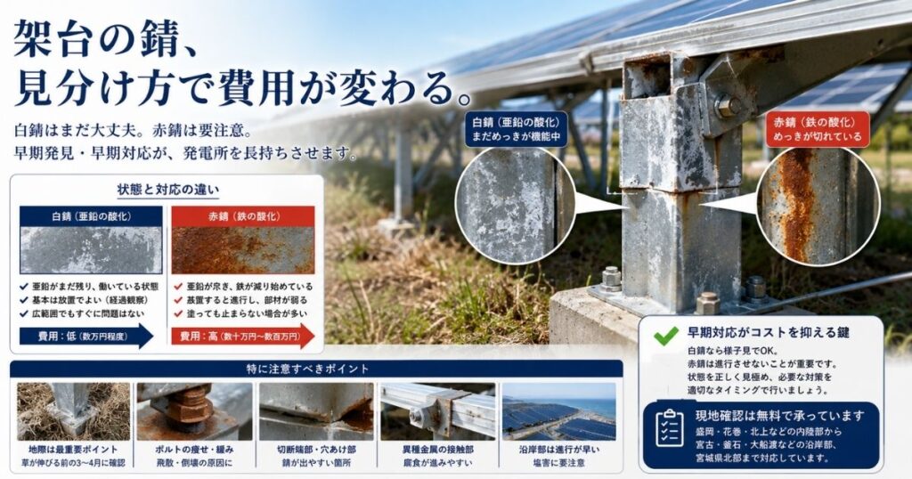 太陽光発電所の架台に出た白錆と赤錆の比較