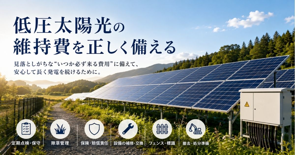 低圧太陽光発電所の全景とパワーコンディショナ