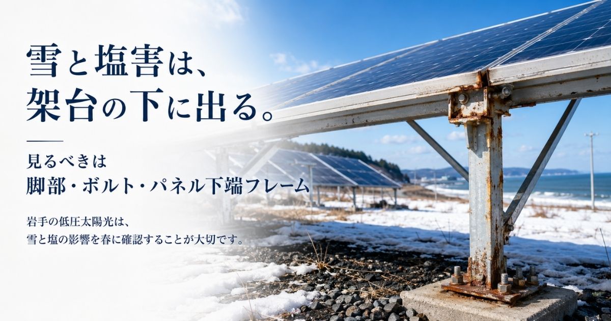 積雪と塩害で錆びた太陽光発電所の架台脚部